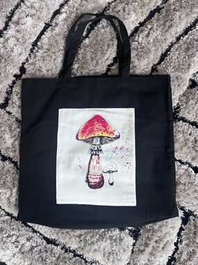 Black Canvas Tote Shoper with Watercolor Mushroom Artwork.size 17.5 x 17.5 New